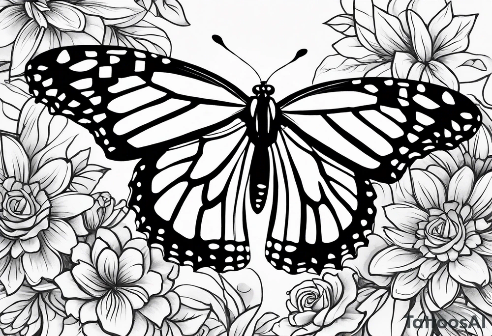 monarch butterfly representing grandparents tying in elements of flowers and leaves tie in Hispanic culture into the design tattoo idea