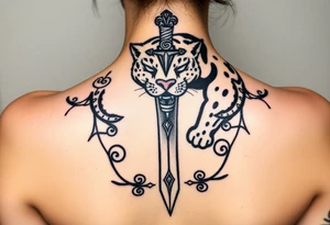 mystical panther around an ancient dagger with jeweled hilt tattoo idea