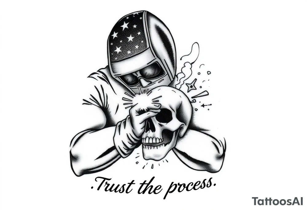 Create a tattoo, in black and white, of a welder, wearing a welder's helmet with stars on it. from only the arms up, welding on a skull Include sparks, and subtle smoke throughout the background as well as the quote, trust the process, at the bottom where the arm meets the wrist. This needs to be sized for a forearm, tattoo idea