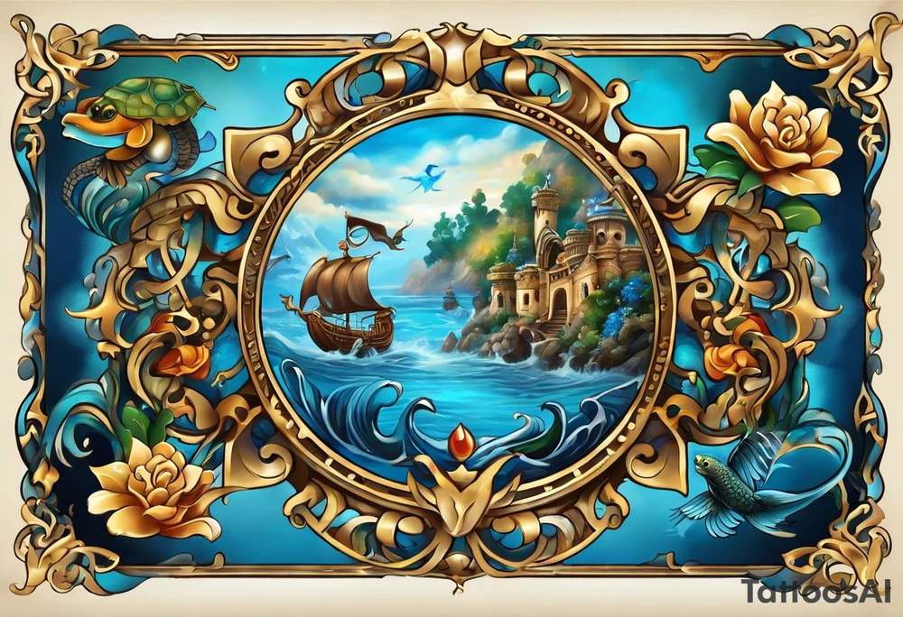 the tatto will be large in the middle there are sea horses pulling a chariot. on the upper right is a blue nose and a rock sourrounded by water, on the upper left is a turtle with a golden shell and on the bottom is a ribbon with a sparrow on each side holding it up tattoo idea