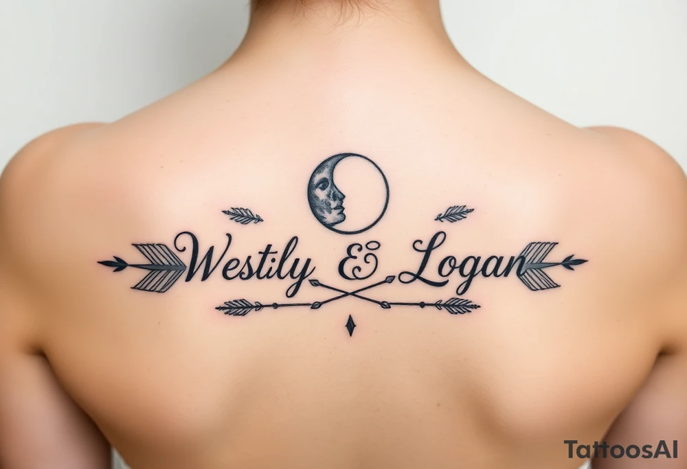 Name tattoo with Wesley, Brantley, Logan with entwined arrows and moons tattoo idea