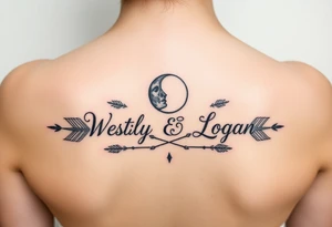 Name tattoo with Wesley, Brantley, Logan with entwined arrows and moons tattoo idea