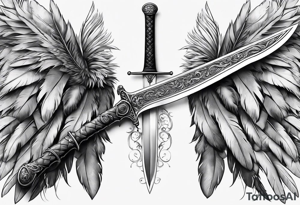 longsword with feathers alongside attached at base that span the length of the sword tattoo idea