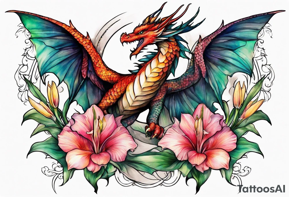 Dragon and hummingbird surrounding a gladiolus tattoo idea