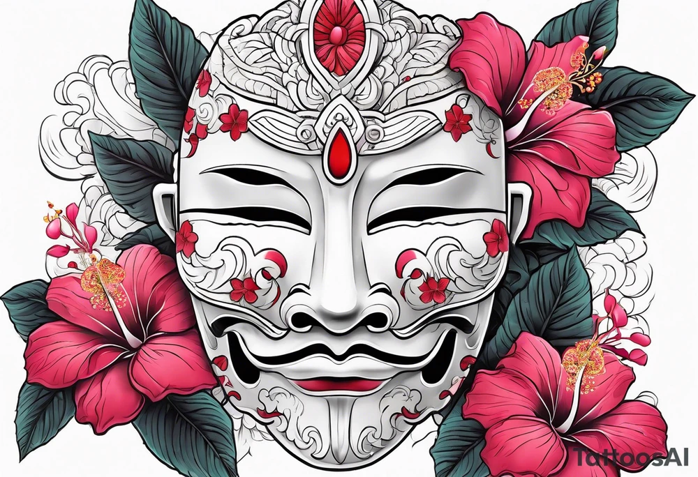 White japanese mask with red accents and pink hibiscus flowers tattoo idea
