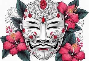 White japanese mask with red accents and pink hibiscus flowers tattoo idea