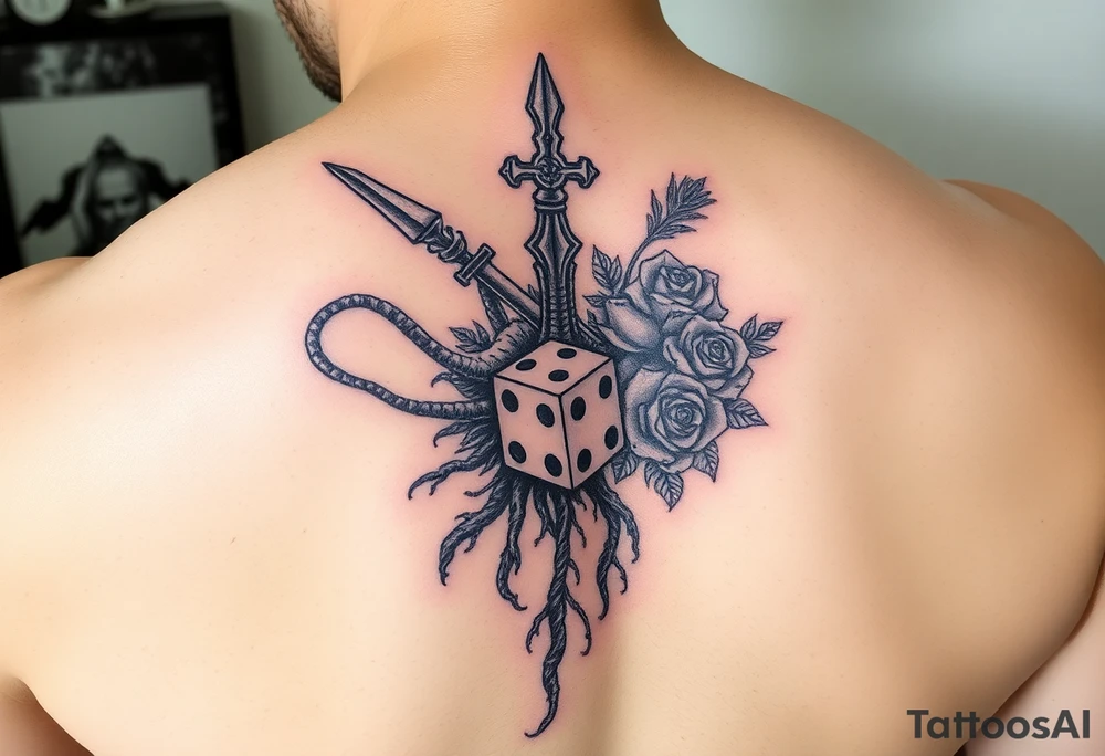 Gods hand, squid, knight with roses and tree roots rolling dice tattoo idea