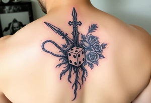 Gods hand, squid, knight with roses and tree roots rolling dice tattoo idea
