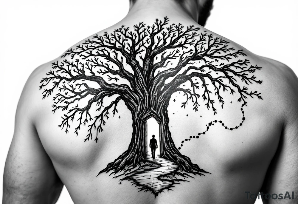 Back tattoo of a big tree with a door and a man walking through the door. On the right side draw lines that look like a treasure map connecting to the tree tattoo idea