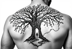 Back tattoo of a big tree with a door and a man walking through the door. On the right side draw lines that look like a treasure map connecting to the tree tattoo idea