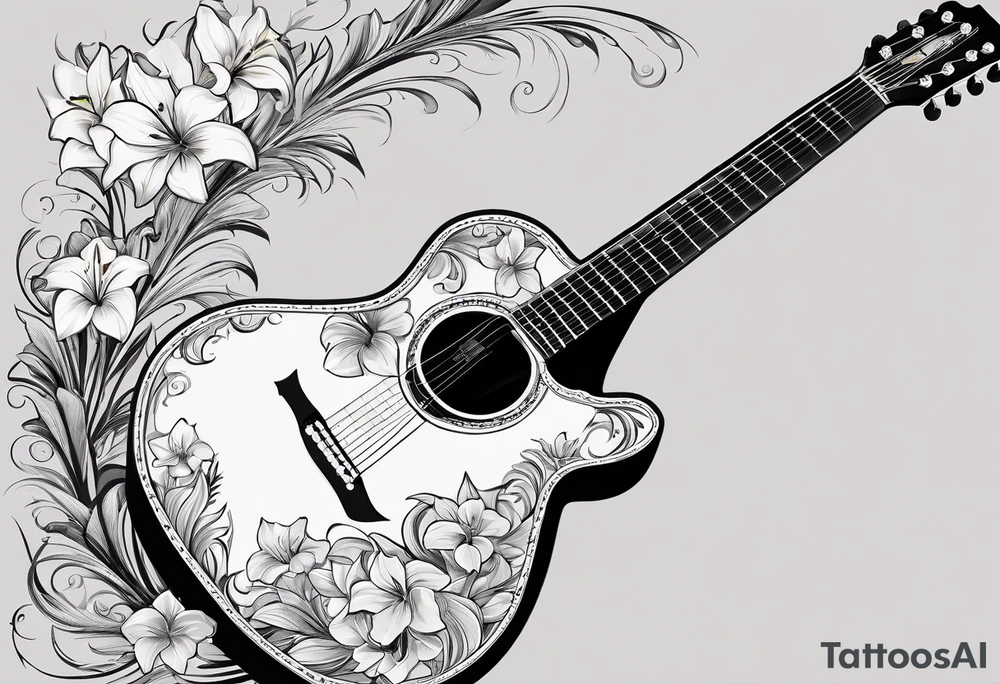 flat basic black acoustic guitar, entire guitar, wrapped with lilies around the neck, with a simple black star on the guitar body. meant for the inside of a woman's bicep tattoo idea