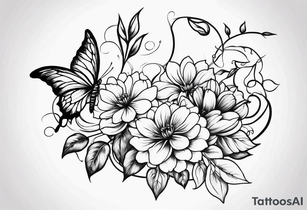 flower, vines, and butterflies with shading tattoo idea