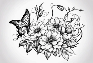 flower, vines, and butterflies with shading tattoo idea