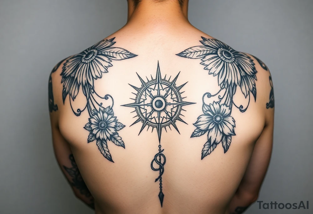 Can you help me design my next tattoo? I already have Polynesian-style tattoos covering left shoulder blade and second in the middle of back going along the spine up till my neck, and I’m looking for ideas to fill the white space between them. I haven’t been able to come up with anything that works.

I’d like the new elements to be in a different style than Polynesian, but still visually cohesive so they complement the existing tattoos rather than clash with them. Maybe steampunk tattoo idea
