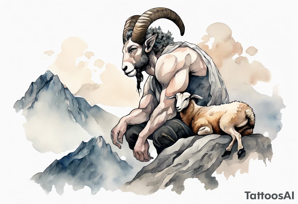 a solitary muscular man with the head of a big-horned sheep, on a mountain tattoo idea
