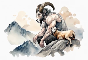 a solitary muscular man with the head of a big-horned sheep, on a mountain tattoo idea