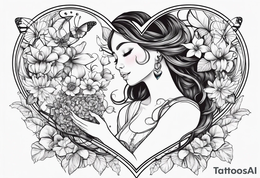 Out line of hands holding a heart with flowers sprouting from the top of the heart into her head and butterflies flying around the flowers tattoo idea