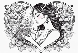 Out line of hands holding a heart with flowers sprouting from the top of the heart into her head and butterflies flying around the flowers tattoo idea