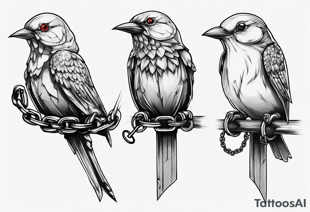 A headless songbird with shackle and chain on the leg tattoo idea