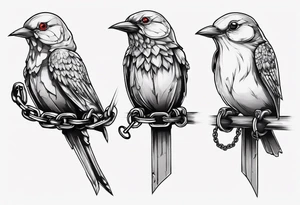 A headless songbird with shackle and chain on the leg tattoo idea