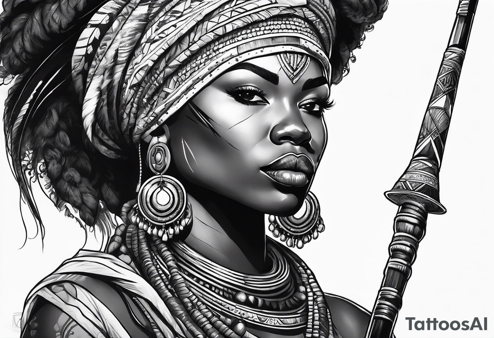 African woman warrior holding spear with deadlocks and earrings. tattoo idea