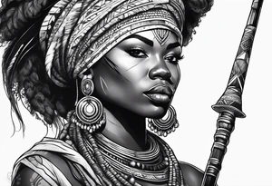 African woman warrior holding spear with deadlocks and earrings. tattoo idea