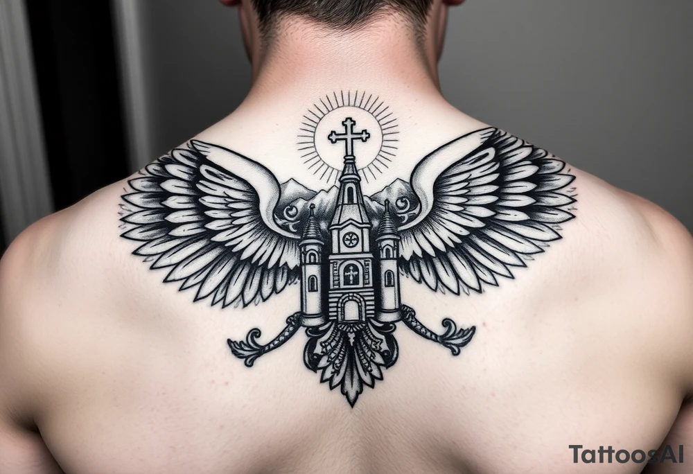 an actual russian coat of arms with both heads visible & wings spanning out on my back neck across on to my shoulders / traps with a orthodox christian church being visible in a mountainous sun beaming setting, with the russian orthodox cross spire of the orthodox church being visible on my neck with a sun beaming in the background that the cross sits inside tattoo idea