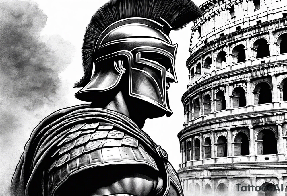 Side profile of spartan soilder looking right at Roman colosseum tattoo idea