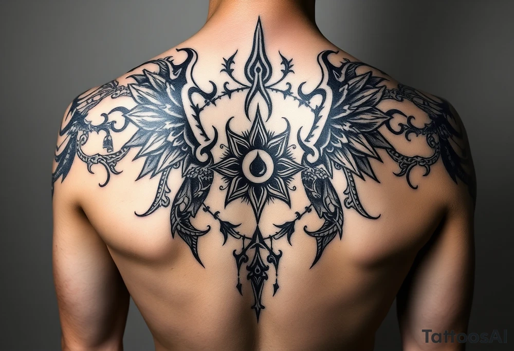 Sak yant Thai tattoo that allows me to access all my powers and magick such as immortality granting immortality to those I ressurect with my blood and creating new magick or allows me to craft new magick grants me telekinesis telepathy allows me to move through shadow to shadow allows me to jump in shadows into the shadow world and move through it allows me to control other people and gods or anyone's magic and body through phychic control as well as seeing spirits and other entities of higher and lower vibrations not seen with naked eyes as well as allows me to communicate with them as  kaluk mizuzu a supreme one or the Lord of lords he who is the supreme reflection of she who is the Lord of the eternal flame tattoo idea