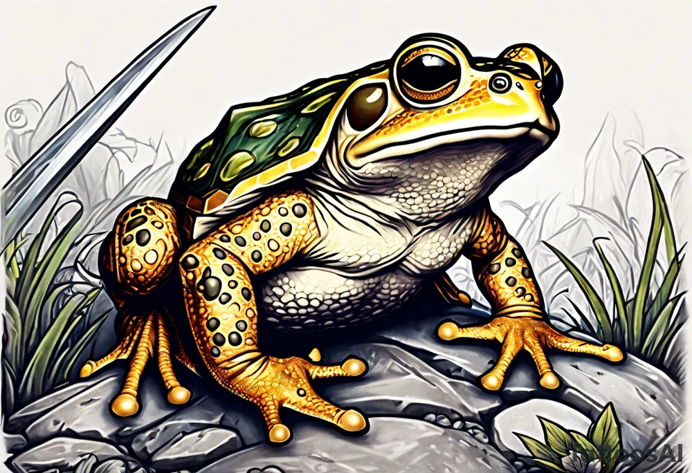toad with sword; sword s¡is pointing down(sword stuck in the ground) as if the toad was standing; no clothes tattoo idea