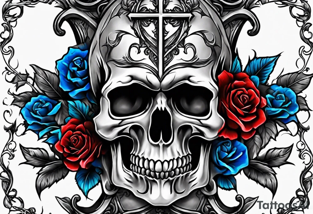 Cross with skulls and Colored blue and red roses tattoo idea