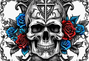 Cross with skulls and Colored blue and red roses tattoo idea