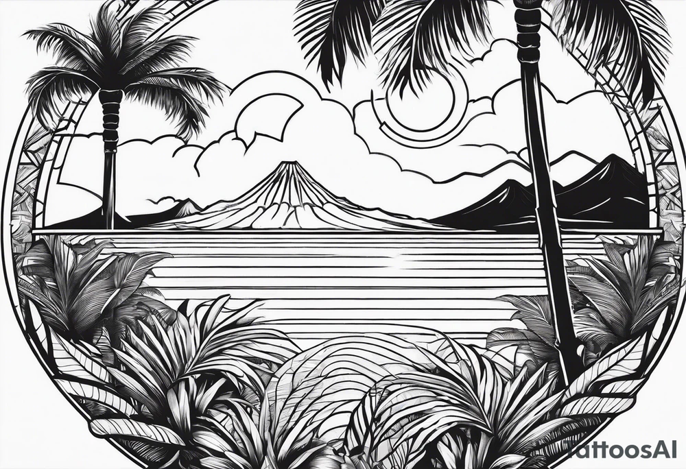 fineline tattoo of a palm tree with a volcano on the back tattoo idea