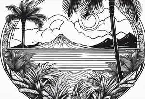 fineline tattoo of a palm tree with a volcano on the back tattoo idea