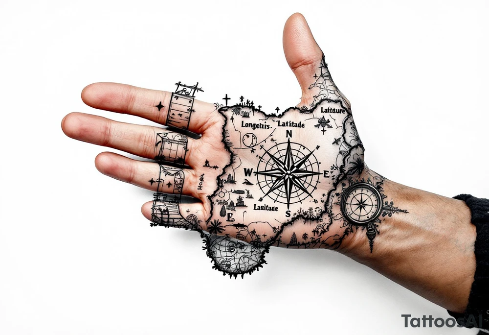 Compass on the back of the palm in the shape of Nigeria with longitude written on the top and latitude written on the bottom. Draw lines from a treasure map connecting from the arm to the tattoo tattoo idea