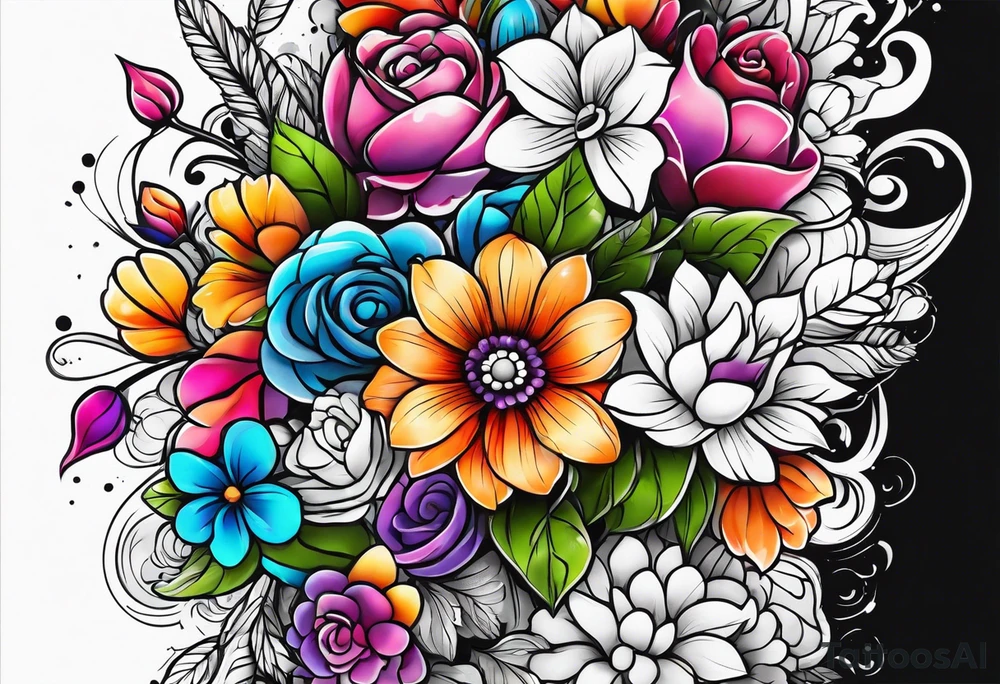 Arm sleeve dedicated to mom with rainbow flowers tattoo idea