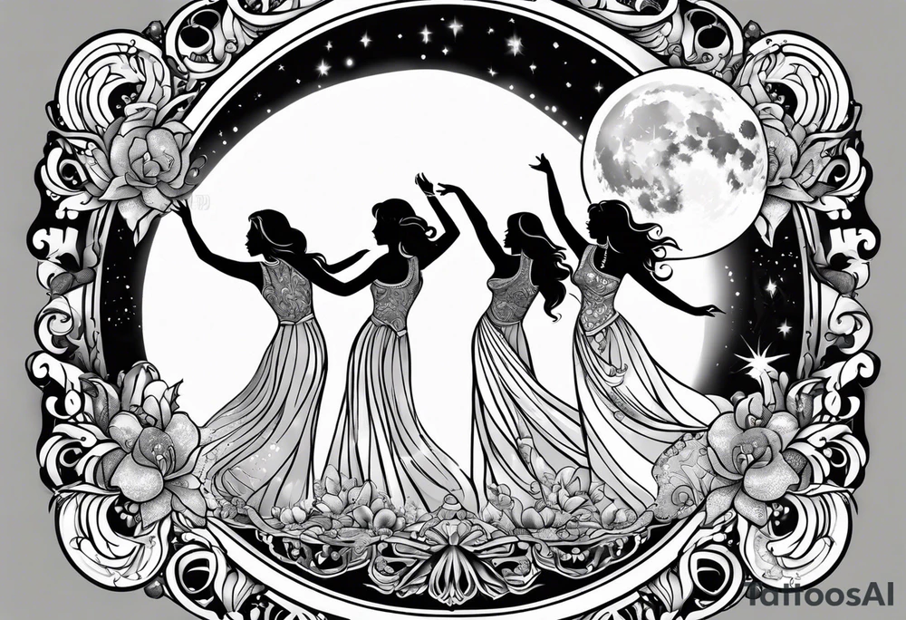 crystal ball that shows three women dancing underneath a full moon tattoo idea