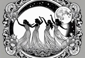crystal ball that shows three women dancing underneath a full moon tattoo idea
