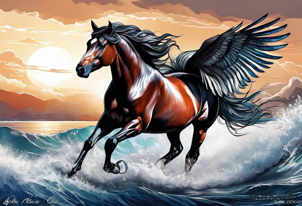 Horse with wings and a big ship in the wayer tattoo idea