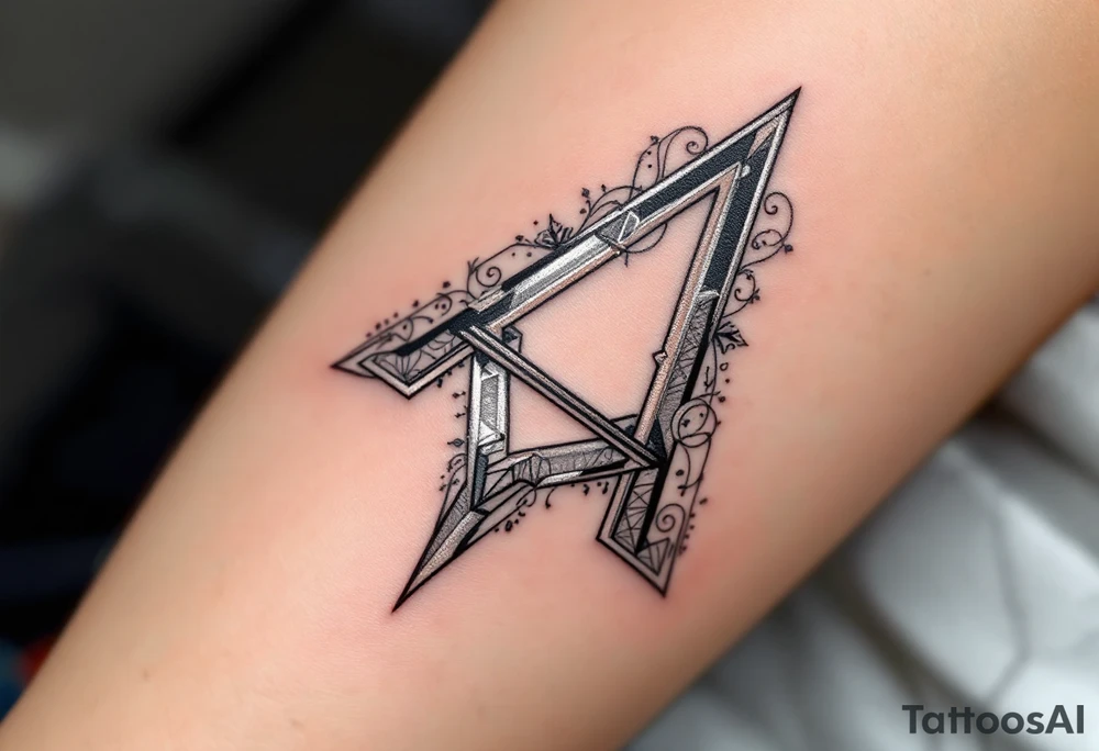A sharp angular "A" in metallic silver with black geometric accents. tattoo idea
