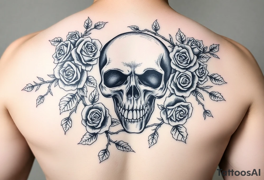 gothic skull intertwined with climbing roses and thorny vines tattoo idea