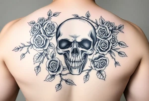 gothic skull intertwined with climbing roses and thorny vines tattoo idea