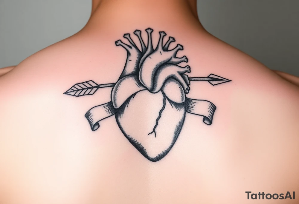 anatomical heart pierced by ornate arrow with flowing ribbons tattoo idea