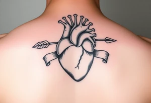 anatomical heart pierced by ornate arrow with flowing ribbons tattoo idea