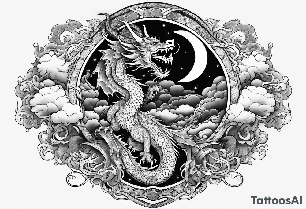 A strip with a dragon with cloud and the moon tattoo idea A strip with a dragon with cloud and the moon tattoo idea