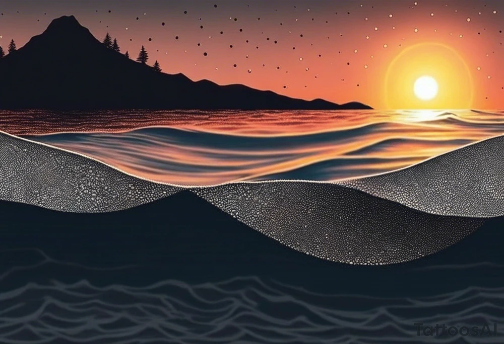 This tattoo needs to be incredibly simple and minimal. It's a sunset from the perspective of being on a boat on the ocean. The waves are very calm and there is no land in site. There are slight reflections of the sun on the water. The tattoo will be in landscape orientation. Mostly black with small splashes of color from the sun. There are no other objects in the tattoo besides the sun, water, and maybe some clouds and a bird or two, tattoo idea