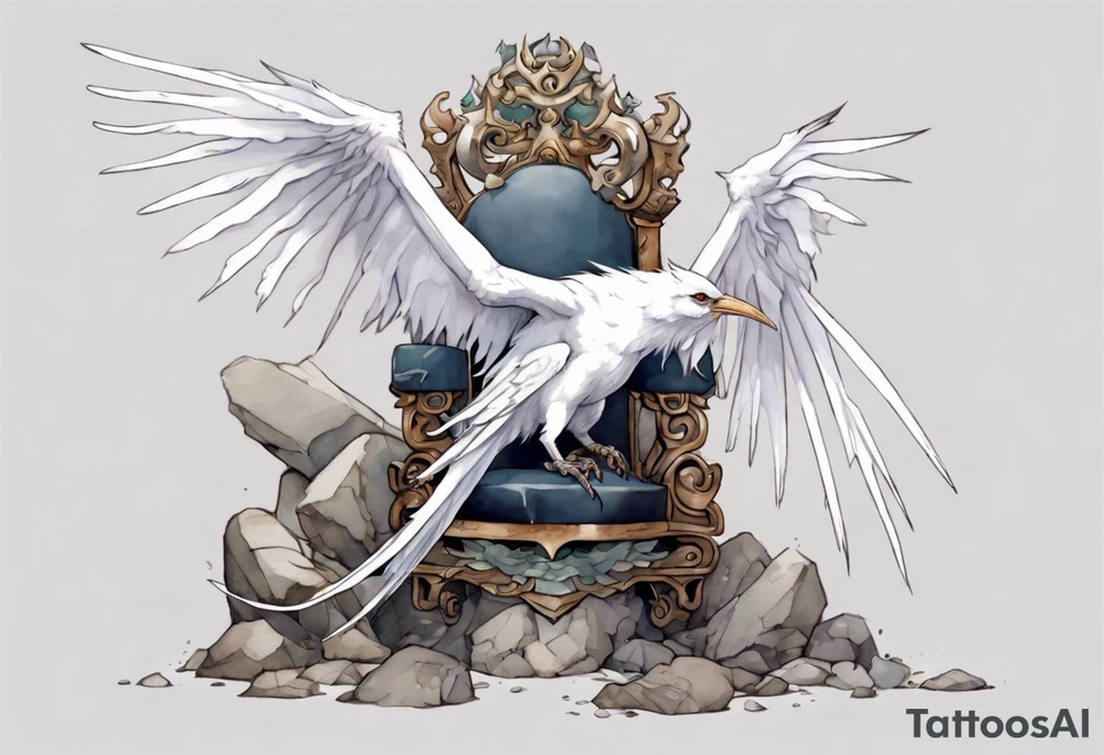 a white bird-wyvern hybrid wearing a plain iron bracelet around leg, perched on a stone throne tattoo idea