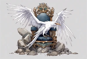 a white bird-wyvern hybrid wearing a plain iron bracelet around leg, perched on a stone throne tattoo idea