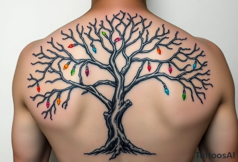 An eerie tree made out of human bones. The bigger the branches, the bigger the bones, so small branches will be hand and finger bones. There are also glass lights hanging throughout the tree and the lights are all colors of the rainbow. So this eerie tree is still somewhat beautiful tattoo idea
