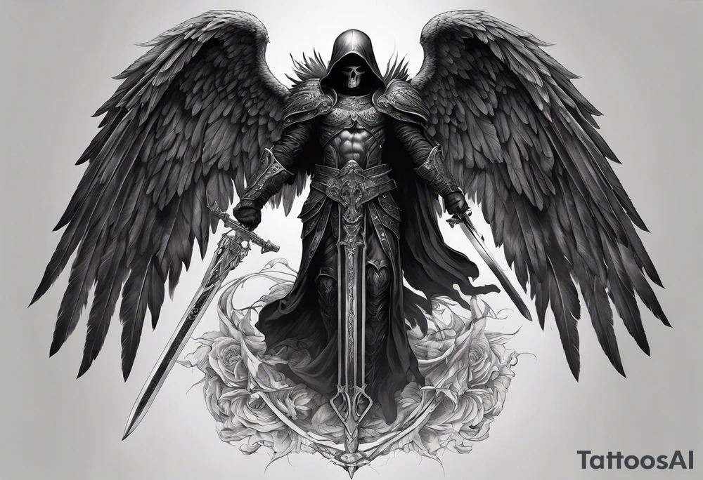 realistic full body of black angel of death, no face, face is not visible, with wings holding only one sword in both hands, the edge of the sword is killing the skull, skull is on the ground tattoo idea